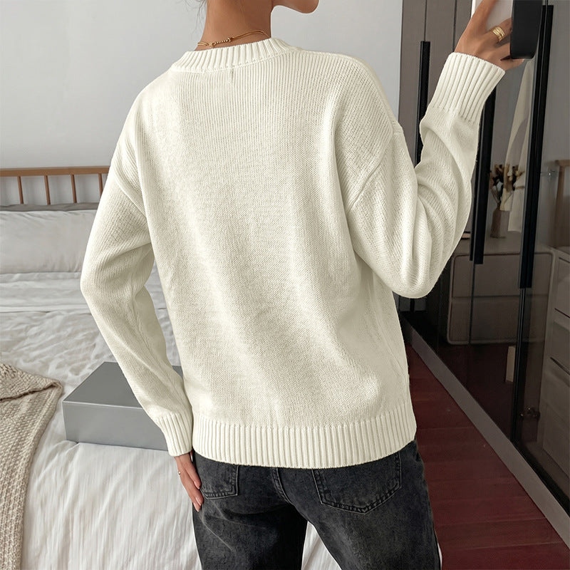Color blocking bow jacquard round neck sweater