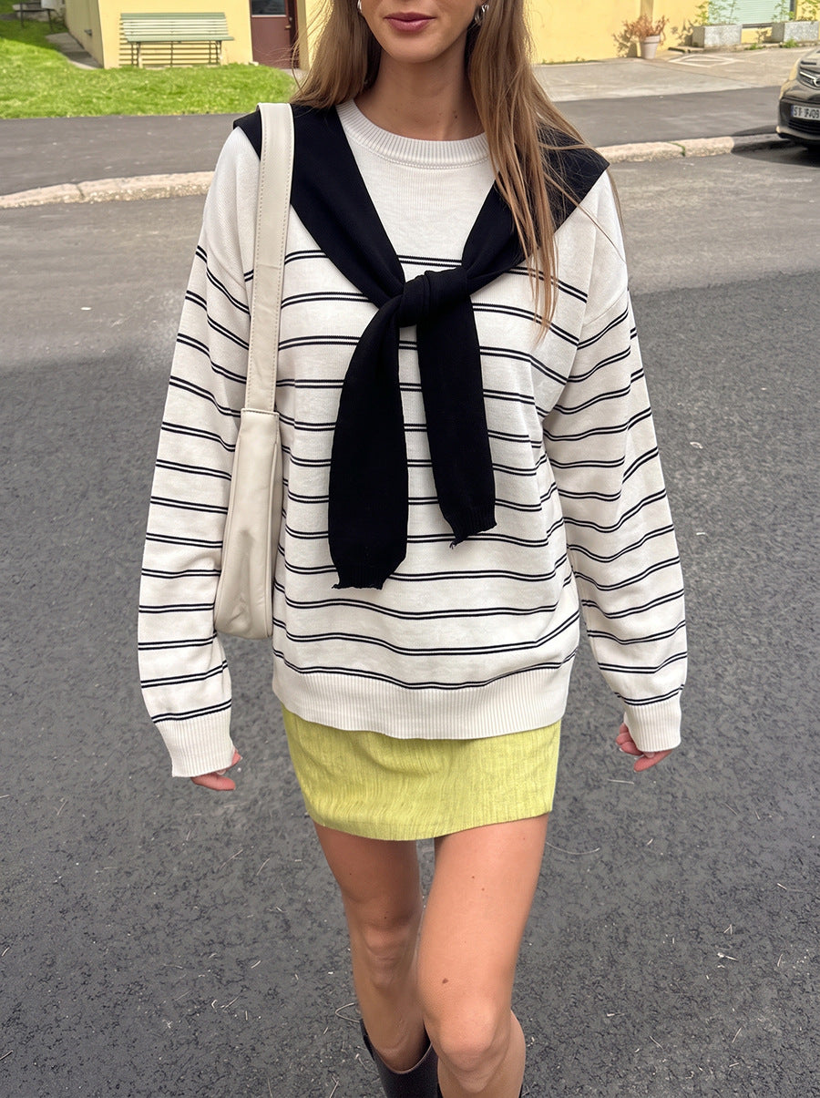 two-piece set detachable navy collar round neck striped long sleeve knitted sweater women loose top