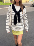 two-piece set detachable navy collar round neck striped long sleeve knitted sweater women loose top