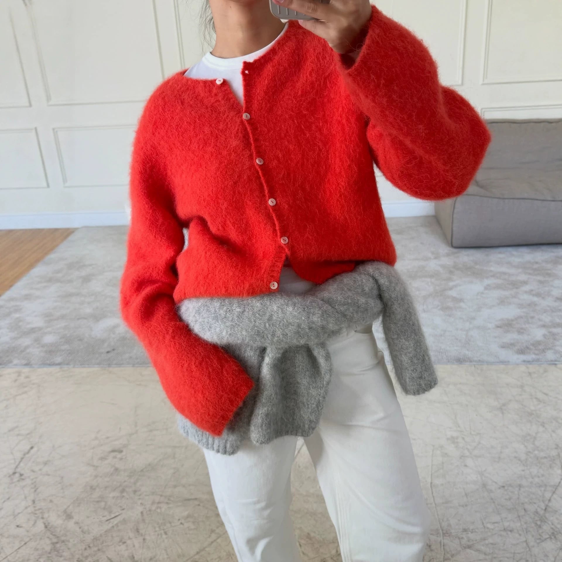 Laid-back Style Wool-Blended Cardigan for Women Knit Short Jacket Soft Long Sleeve Sweater