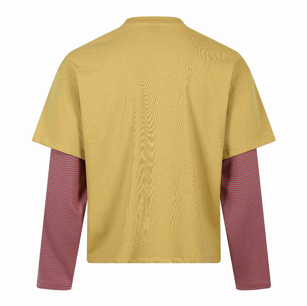 Cat Letter Print Long Sleeve Round Neck  Faux Two-Piece  T-Shirt