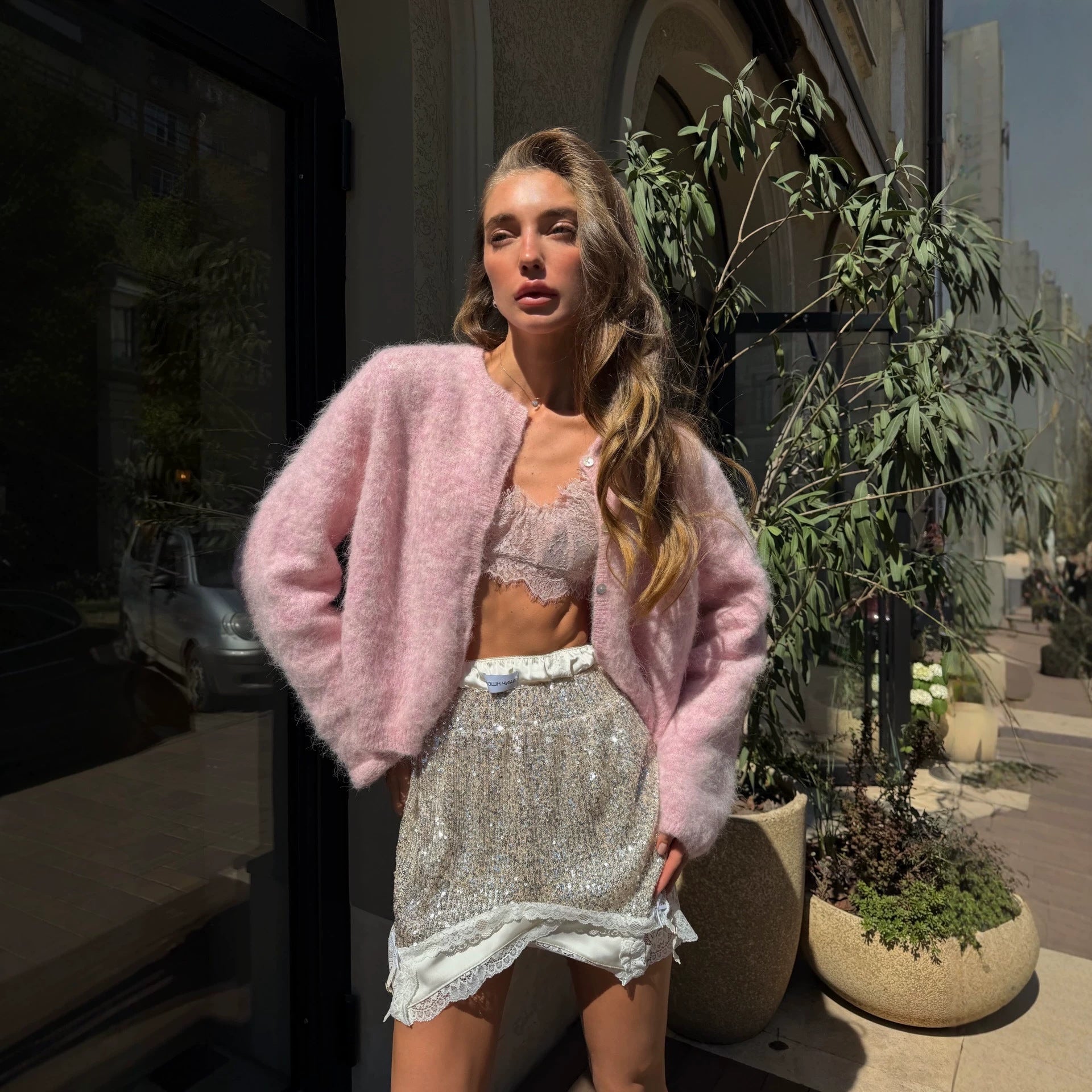 Laid-back Style Wool-Blended Cardigan for Women Knit Short Jacket Soft Long Sleeve Sweater
