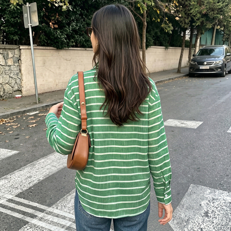 Single breasted lapel striped loose shirt