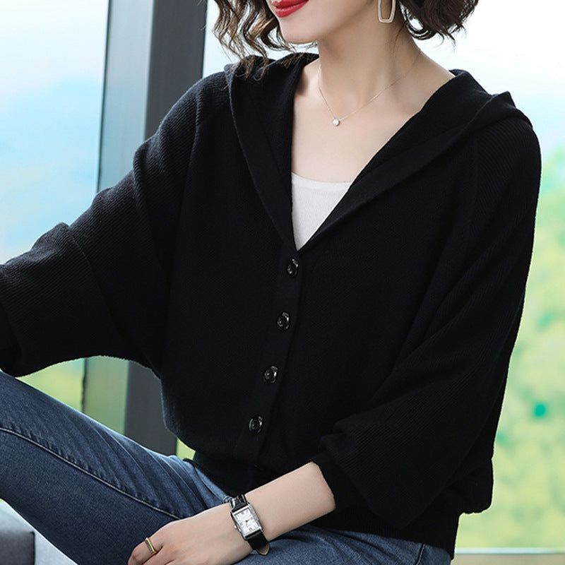 Knitted Cardigan Loose Outerwear Sweater Women's Short Hooded  Spring Autumn Fashion Top