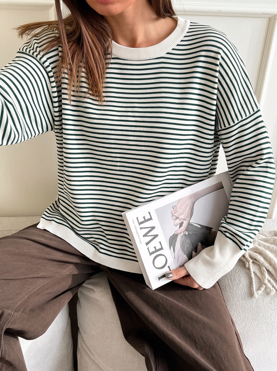 high-end striped sweater for women, loose lazy style chic crewneck top