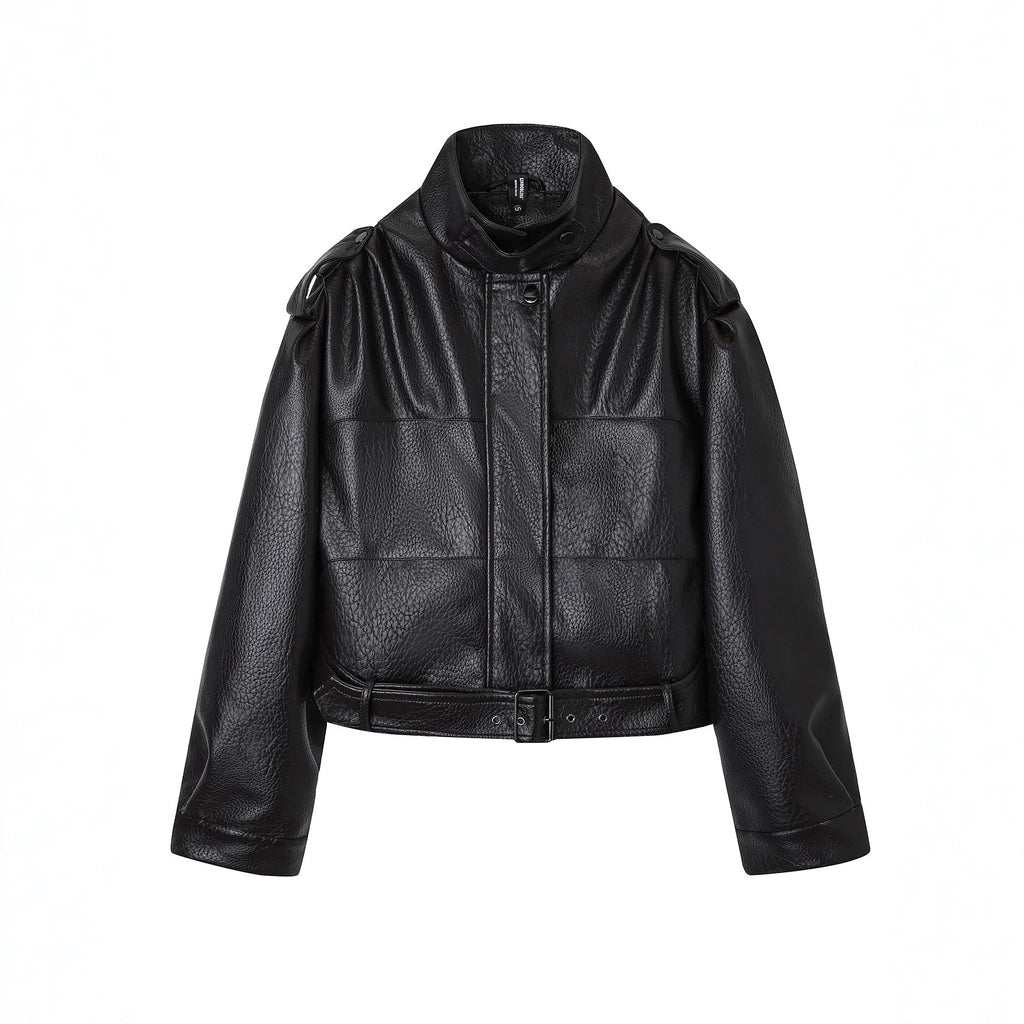 Stylish Short Vintage Biker Leather Jacket for Women, Stand Collar, Slim Fit, Fashionable Autumn and Winter Outwear