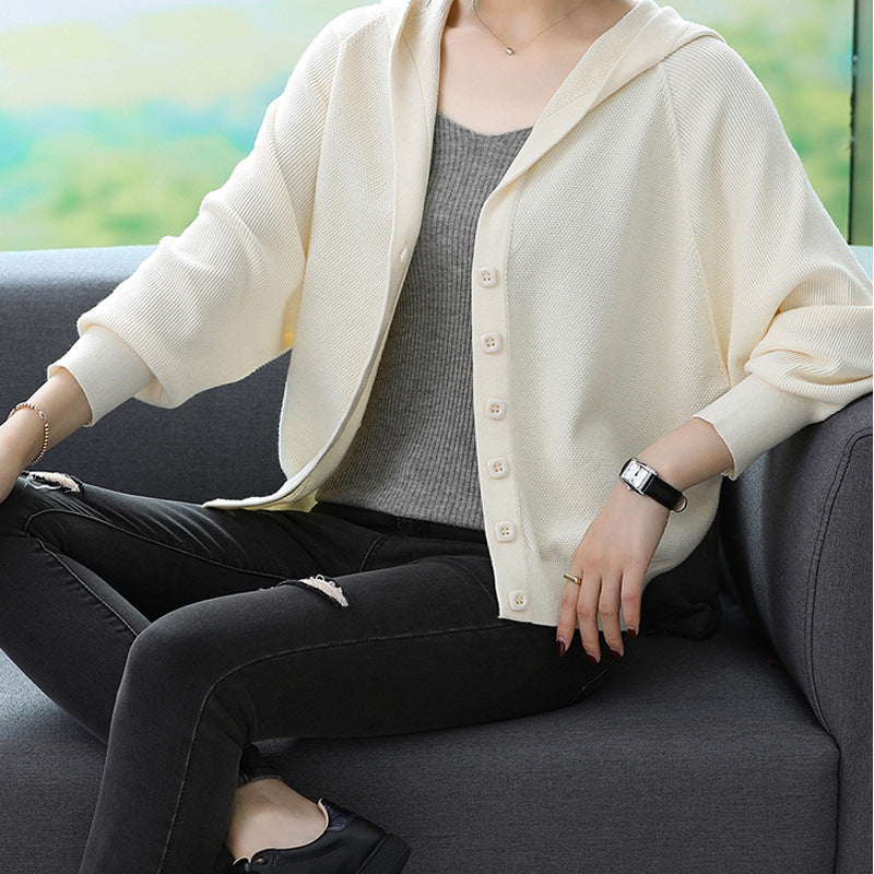 Knitted Cardigan Loose Outerwear Sweater Women's Short Hooded  Spring Autumn Fashion Top