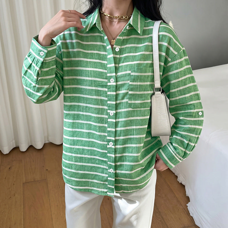 Single breasted lapel striped loose shirt