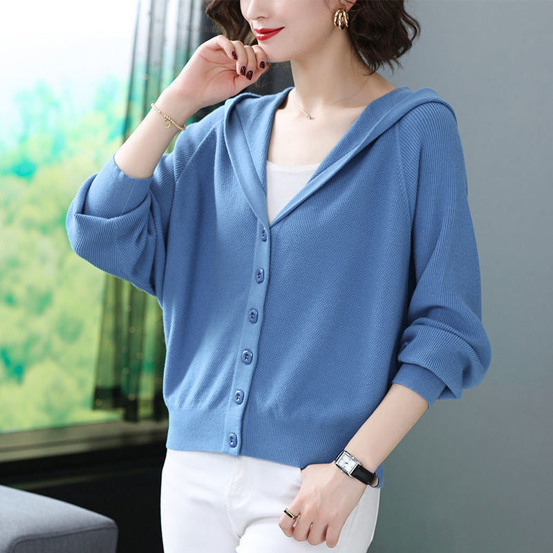 Knitted Cardigan Loose Outerwear Sweater Women's Short Hooded  Spring Autumn Fashion Top
