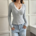Lace V-neck slim fit long sleeved T-shirt for women