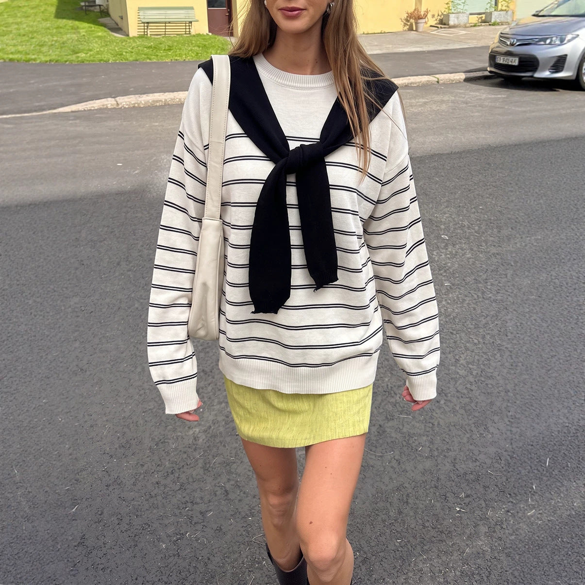 two-piece set detachable navy collar round neck striped long sleeve knitted sweater women loose top