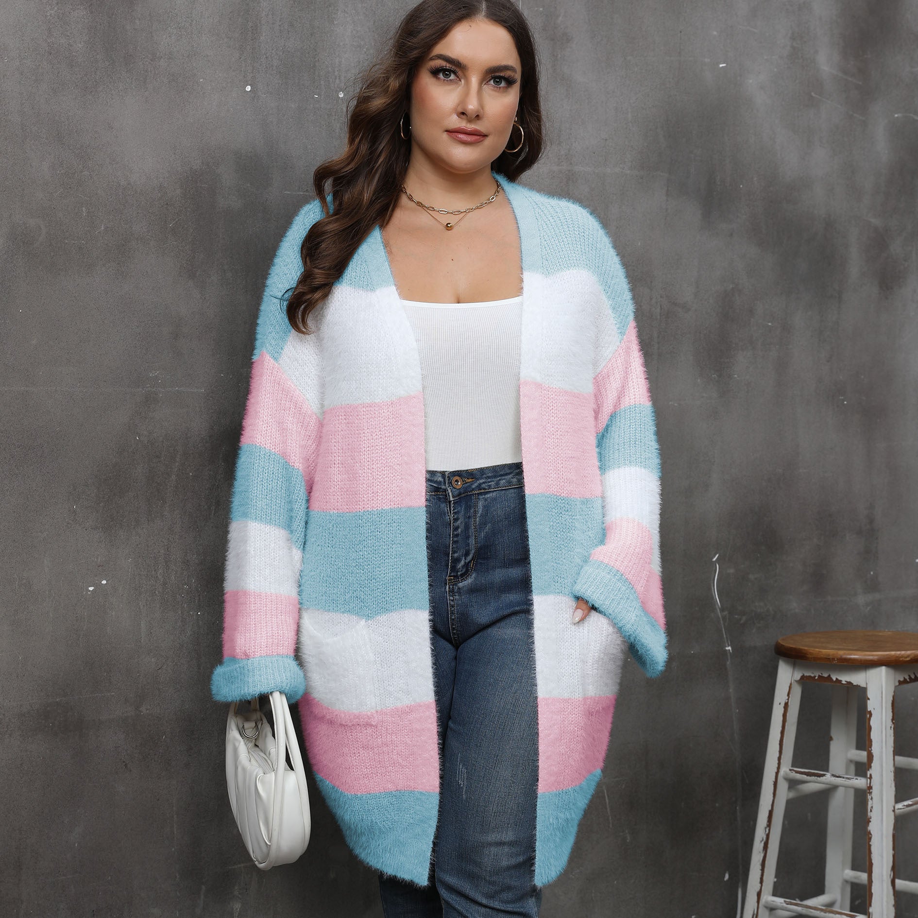Ladies' Open Front Cardigan, Oversized Women's Sweater Coat with Color Block Splicing