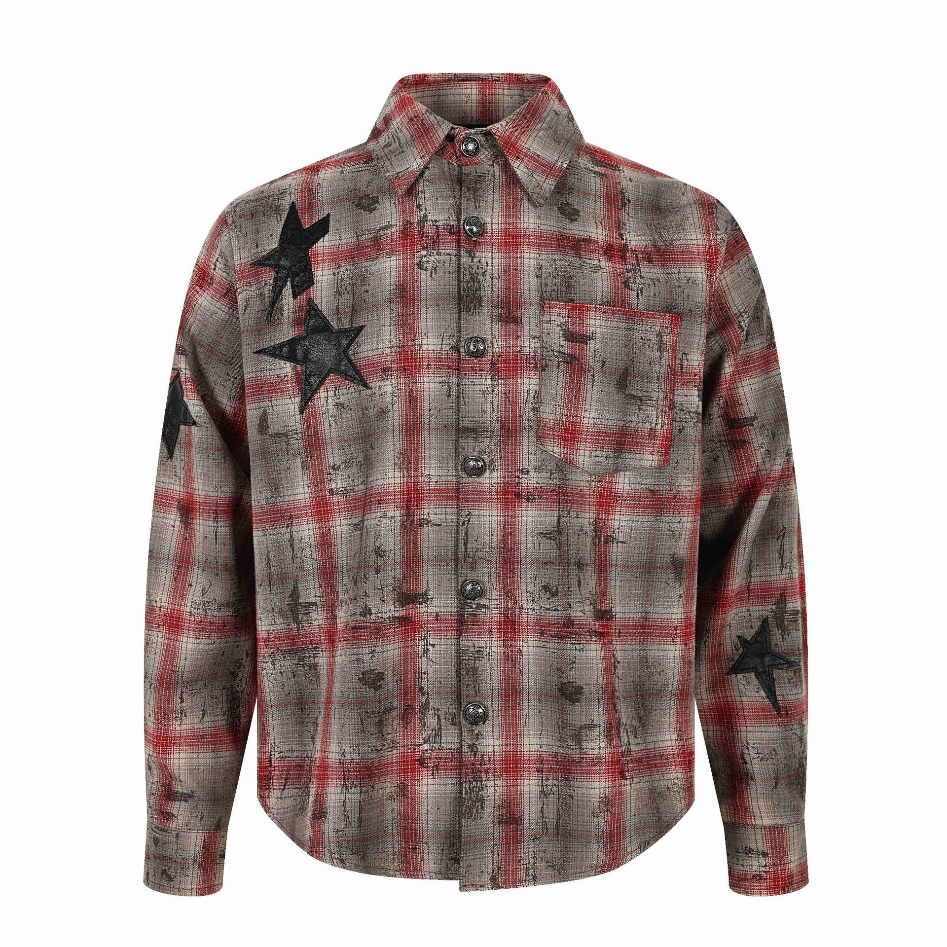 Star Applique Embroidery Design Plaid Long Sleeve Shirt