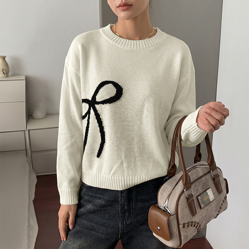 Color blocking bow jacquard round neck sweater