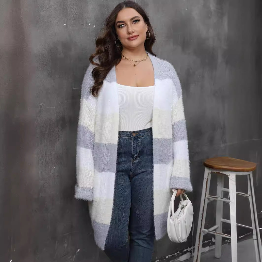 Ladies' Open Front Cardigan, Oversized Women's Sweater Coat with Color Block Splicing