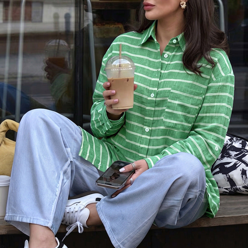 Single breasted lapel striped loose shirt