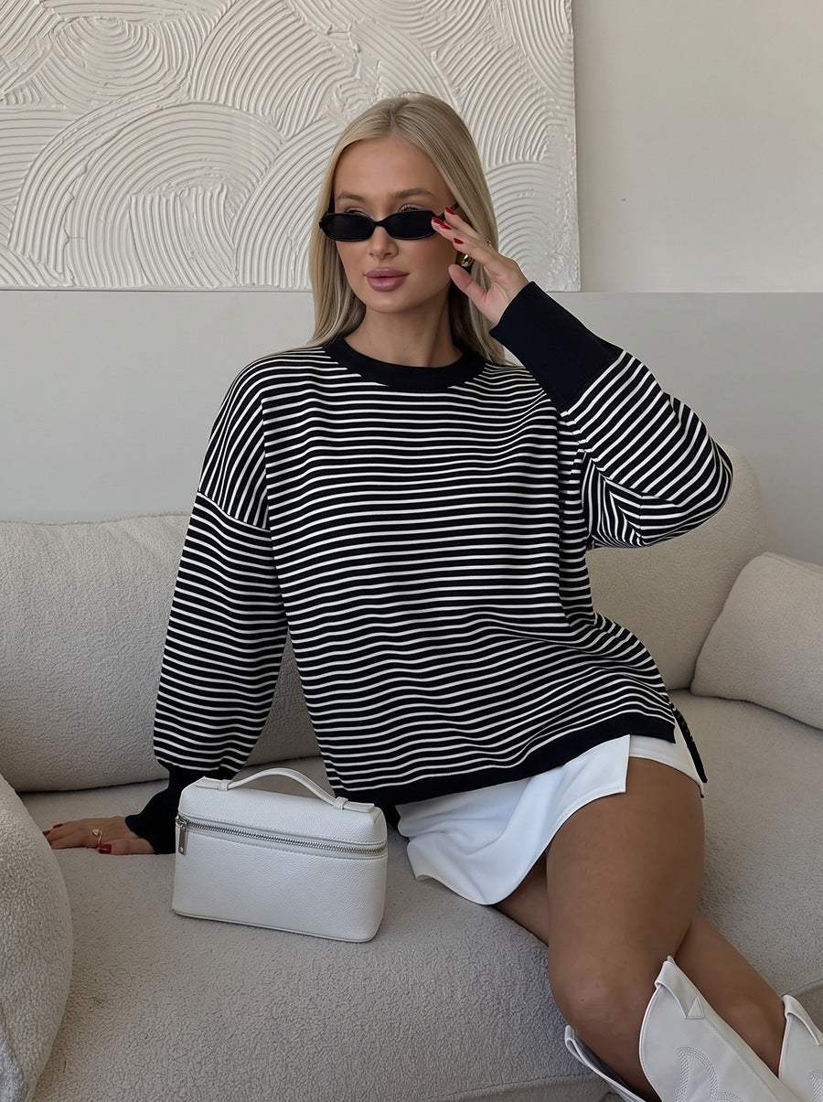 high-end striped sweater for women, loose lazy style chic crewneck top