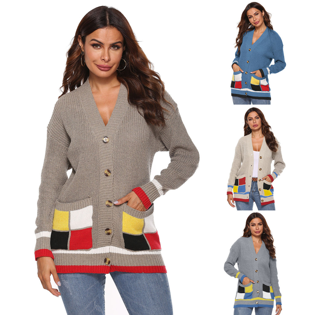 Women's Thick Woven Cardigan Coat with Color-blocked Large Pockets, V-neck Casual Sweater