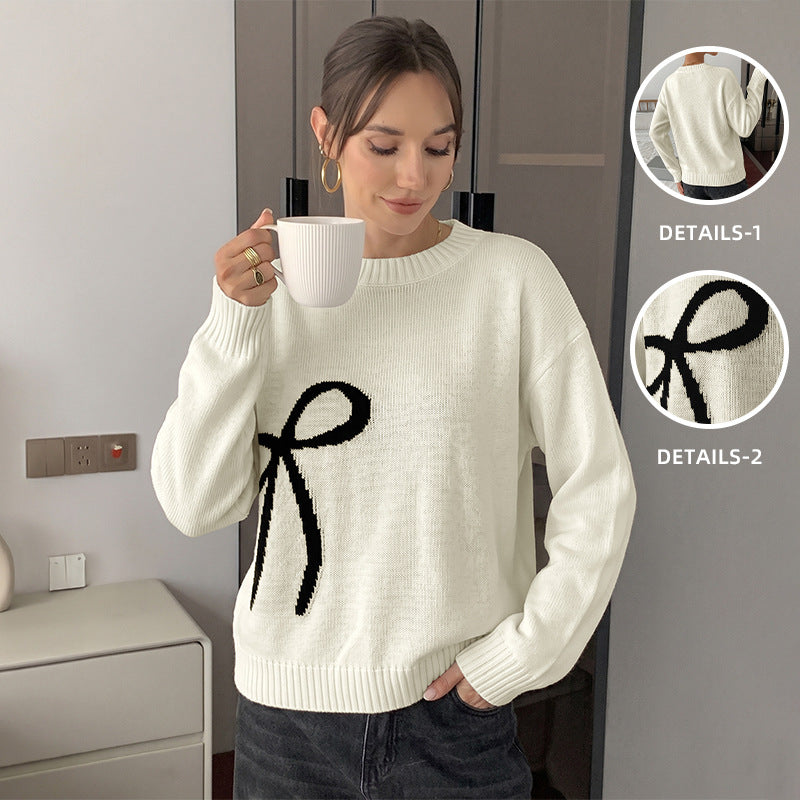 Color blocking bow jacquard round neck sweater