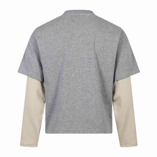 Cat Letter Print Long Sleeve Round Neck  Faux Two-Piece  T-Shirt