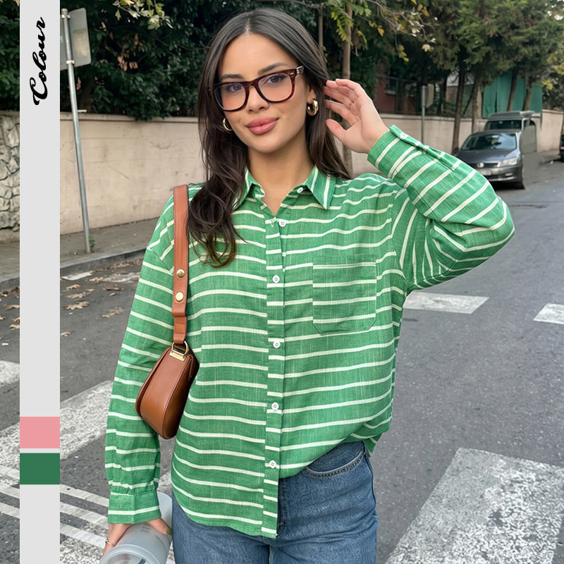 Single breasted lapel striped loose shirt