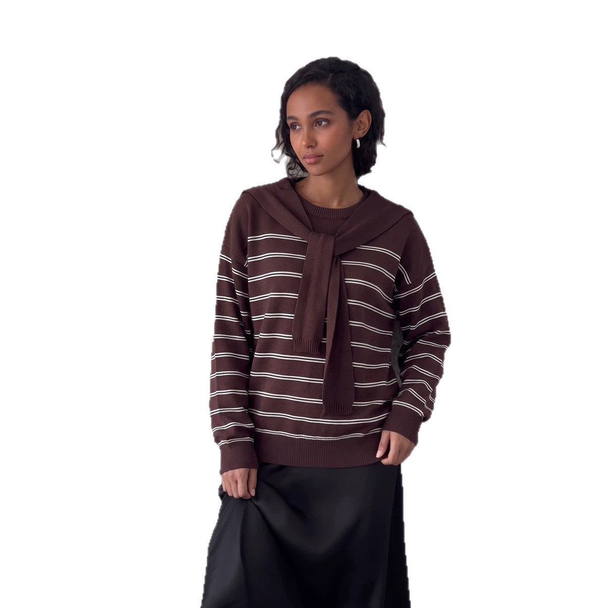 two-piece set detachable navy collar round neck striped long sleeve knitted sweater women loose top