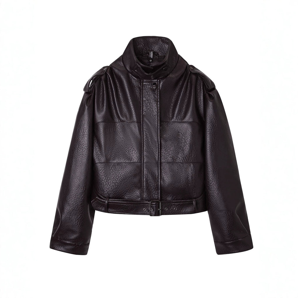 Stylish Short Vintage Biker Leather Jacket for Women, Stand Collar, Slim Fit, Fashionable Autumn and Winter Outwear