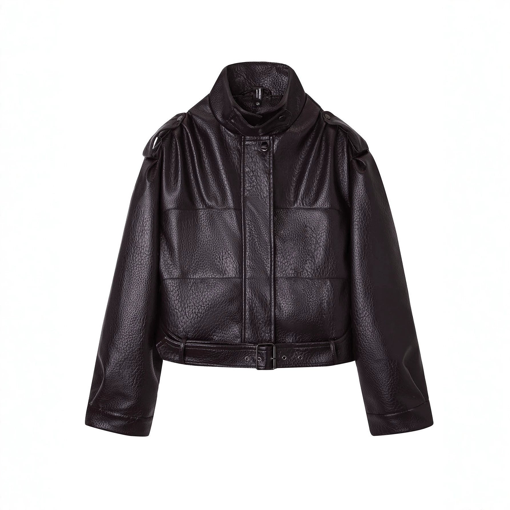 Stylish Short Vintage Biker Leather Jacket for Women, Stand Collar, Slim Fit, Fashionable Autumn and Winter Outwear