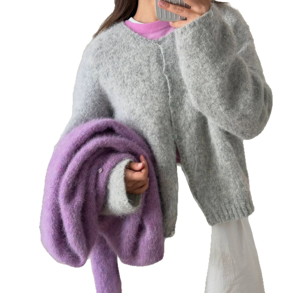 Laid-back Style Wool-Blended Cardigan for Women Knit Short Jacket Soft Long Sleeve Sweater