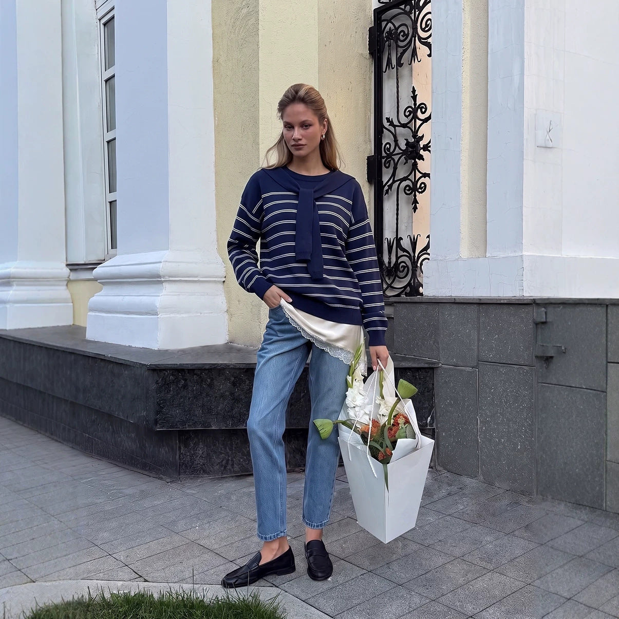 two-piece set detachable navy collar round neck striped long sleeve knitted sweater women loose top