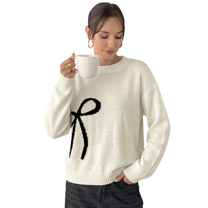 Color blocking bow jacquard round neck sweater
