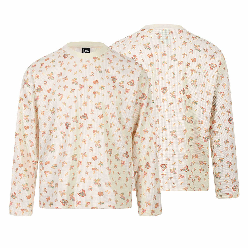 Trendy Graffiti Butterfly Floral All-over Print Round Neck Loose Long Sleeve T-Shirt