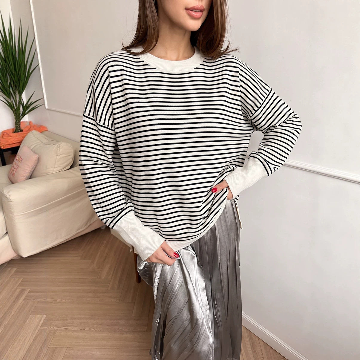 high-end striped sweater for women, loose lazy style chic crewneck top