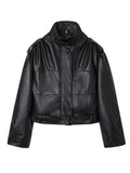 Stylish Short Vintage Biker Leather Jacket for Women, Stand Collar, Slim Fit, Fashionable Autumn and Winter Outwear