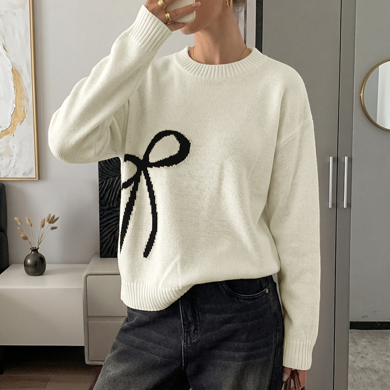 Color blocking bow jacquard round neck sweater