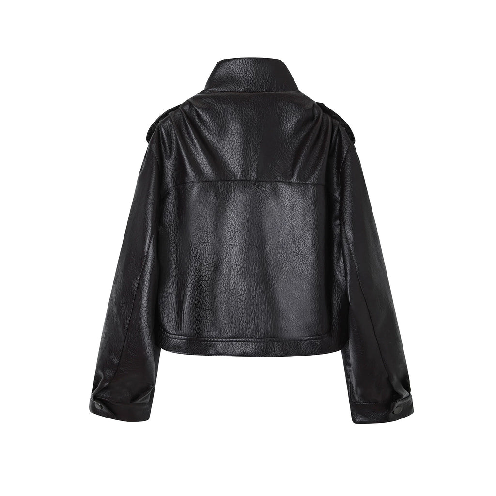 Stylish Short Vintage Biker Leather Jacket for Women, Stand Collar, Slim Fit, Fashionable Autumn and Winter Outwear