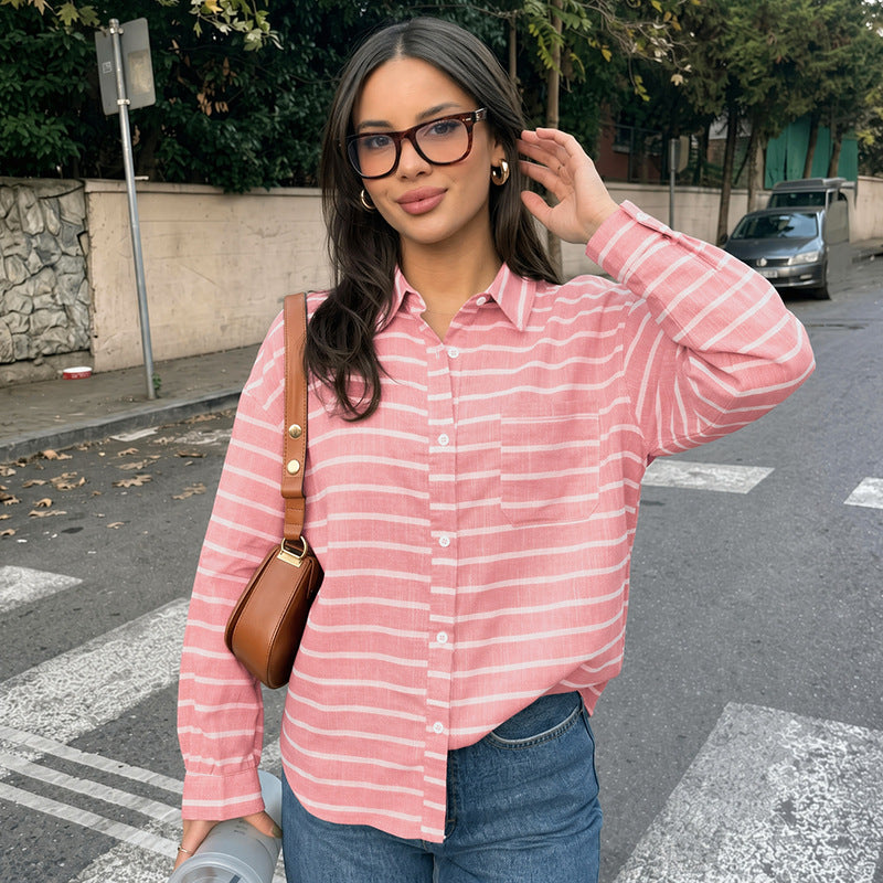 Single breasted lapel striped loose shirt