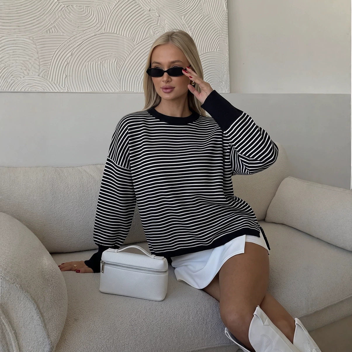 high-end striped sweater for women, loose lazy style chic crewneck top
